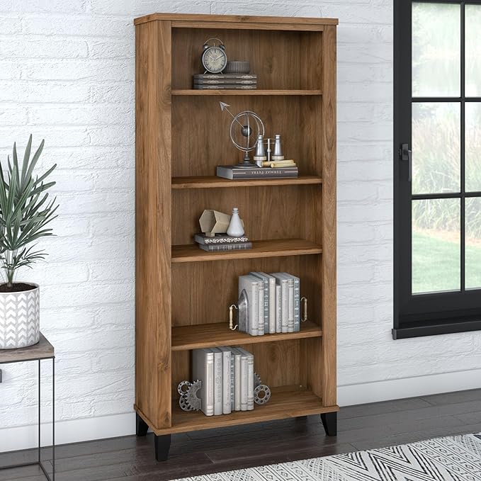 Bush Furniture Somerset 5 Shelf Bookcase in Fresh Walnut, Tall Bookshelf, Large Book Shelf for Living Room, Home Office, or Entryway