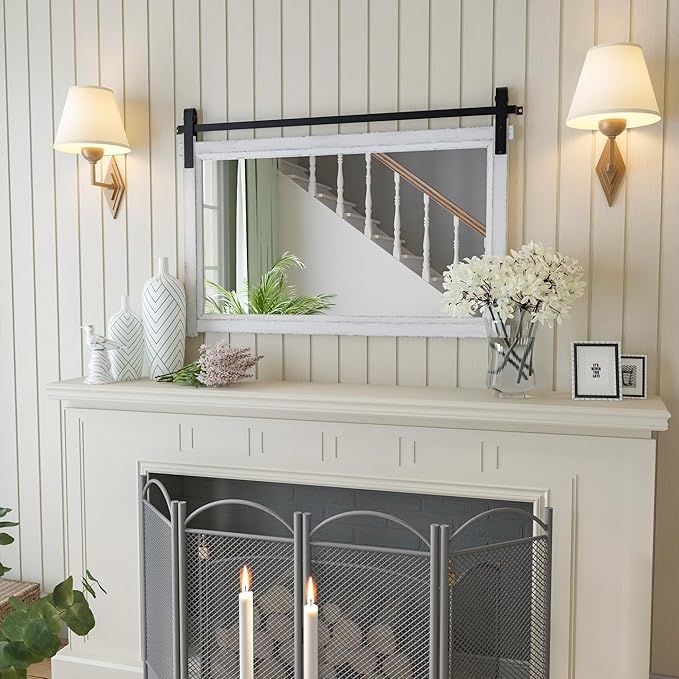 Bathroom Barn Door Mirror: 42"x28" White Farmhouse Wood Frame - Rustic Wall Mirror for Entryway/Living Room Wall Decor