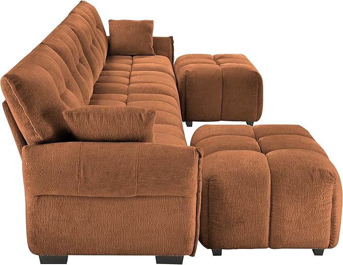 Modern Chenille Fabric 4-Seat Sofa w/Two Ottoman+2 Pillows, Premium Upholstery Living Room Couch with Tufted Backrest & Comfortable Armrests and High-Resilience Memory Foam Cushions,Orange
