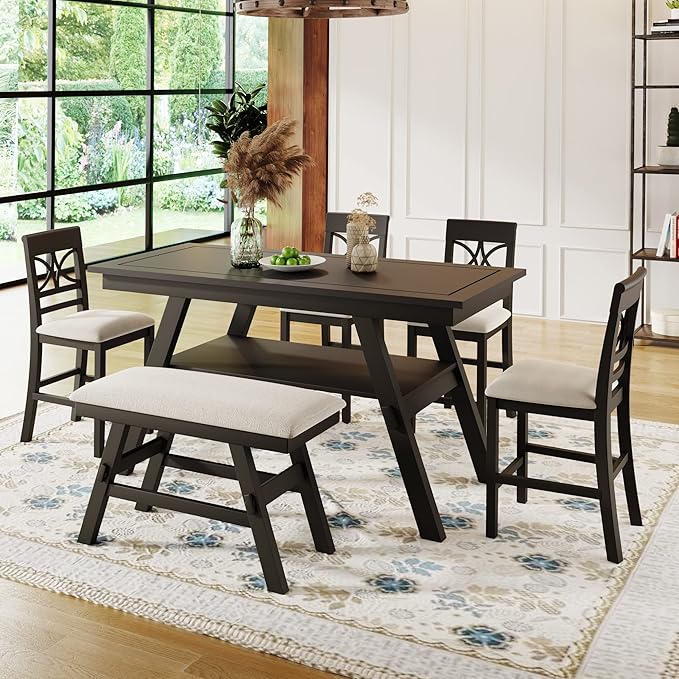 Merax 6 Piece Counter Height Dining Table Set with Storage Shelf, Beige Cushion, Bench and 4 Chairs, Espresso