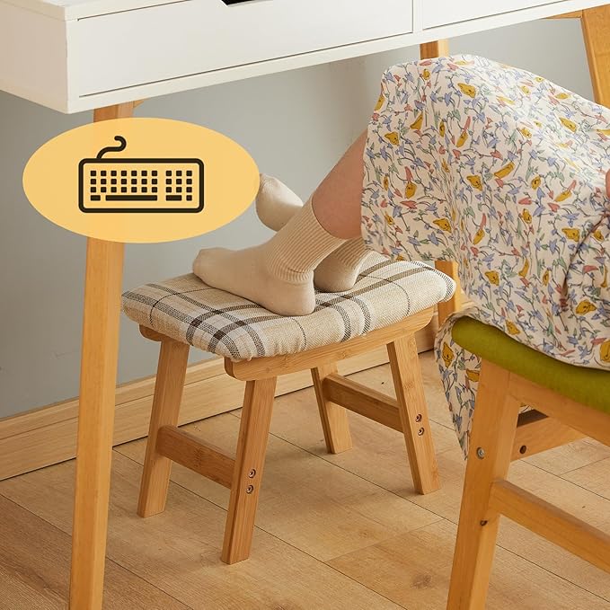 Foot Stool Ottoman Foot Rest Under Desk,Small Stool for Living Room, Bedroom and Kitchen (Natural Legs - Stripes Stool Surface)