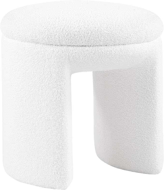 Furniture of America Rami Modern 18-inch Solid Wood Upholstered Ottoman with Pedestal Base, Vanity Stool Chair, Small Foot Stool for Bedroom, Living Room, Entryway, Beige