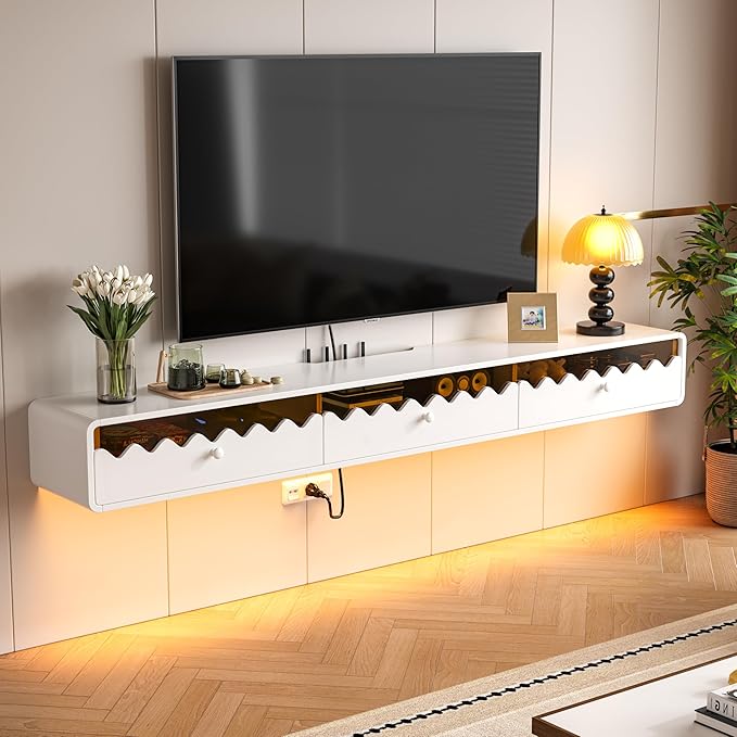 Floating TV Stand, 47IN Fully-Assembled Wall Mounted Wave Glass with Flip-Down Door & Drawers, Modern Media Entertainment Console Under TV Shelf for Livingroom