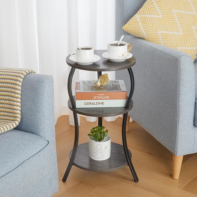 Vintage Small Round Side Table, 3-Tier Slim Waist Circular End Table with Storage Shelf, Compact Tea Sofa Side Table, Round Corner Coffee Table Nightstand for Living Room Bedroom Small Spaces,Grey