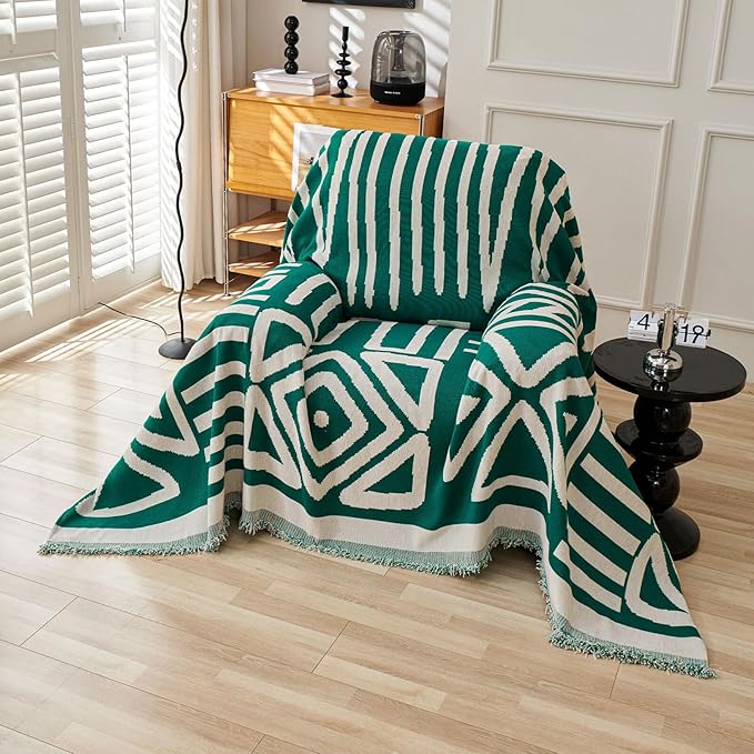 HANDONTIME Couch Cover Boho Sofa Covers Washable Forest Green Dog Covers for Couches Reversible Couch Blanket Cover Geometric Armchair Covers Dark Green, 59" X71"
