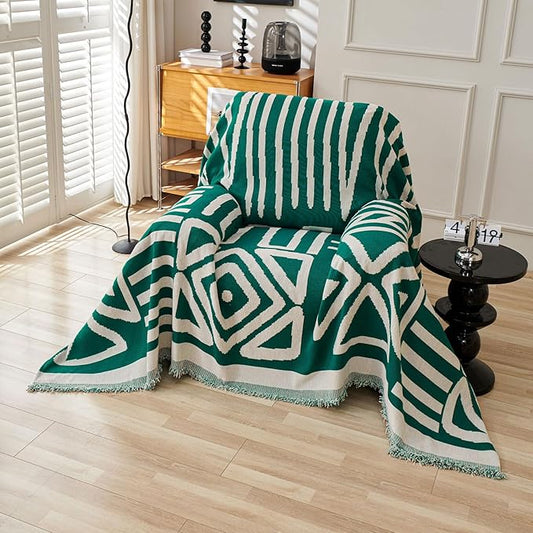 HANDONTIME Couch Cover Boho Sofa Covers Washable Forest Green Dog Covers for Couches Reversible Couch Blanket Cover Geometric Armchair Covers Dark Green, 59" X71"