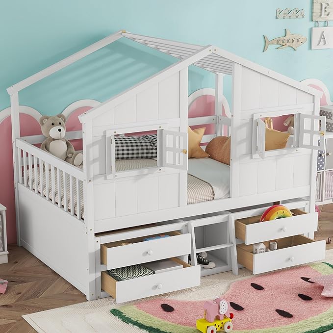 KEIKI Full Size Wooden House-Shaped Loft Bed with Roof, Windows, 4 Storage Drawers, Guardrail, Ladder, for Boys and Girls, Loft Bed with Slat, Easy Assembly, No Box Spring Required, for Bedroom, White