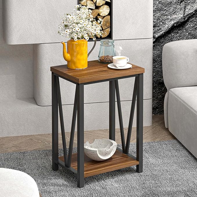 FOLUBAN Small End Table, Rustic Wood and Metal Side Table with Storage, Modern Night Stand for Living Room Bedroom Office, Walnut