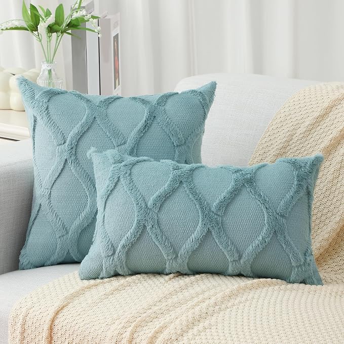 decorUhome Throw Pillow Covers 12x20 Inch Set of 2, Soft Plush Faux Fur Wool Lumbar Aqua Couch Pillow Covers, Decorative Neutral Pillow Cases for Bed Sofa Living Room Home Decor