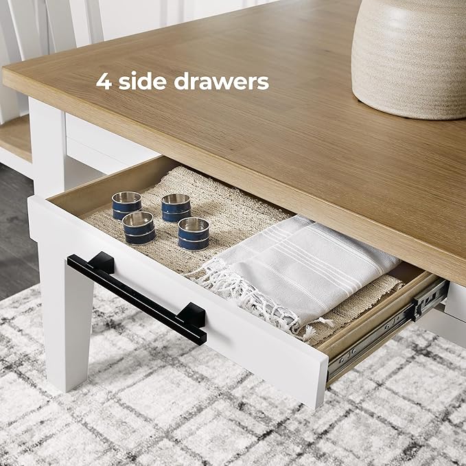 Signature Design by Ashley Ashbryn Casual Dining Table with 4 Felt-Lined Drawers for 8 People, White & Light Brown
