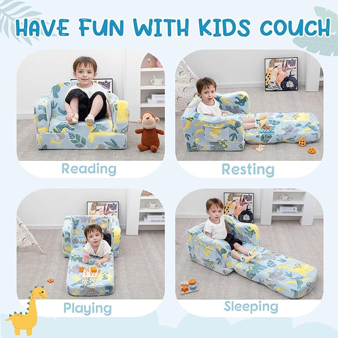 Comfy Toddler Chair and Couch for Kids with Blanket,2-in-1 Soft Plush Fold Out Toddler Couch for Girls and Boys,Convertible Sofa to Lounger for Playroom,Glowing Dinosaur
