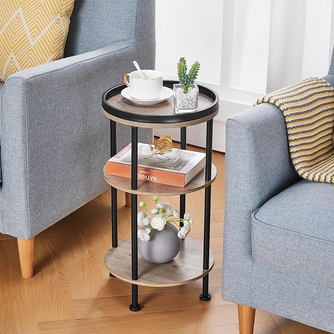 Side Table, Small Round Side Table for Small Spaces, 3-Tier Round Accent Table Slim Side Table, Modern Sofa End Table Corner Table for Living Room Nightstand Bedroom (Oak)