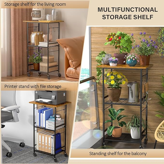 Rolling Kitchen Microwave Cart, 3 Tier Microwave Table Stand with Adjustable Shelf, Kitchen Storage Rack on Wheels, Coffee Station Cart Rack Shelf Organizer for Living Room Office, Balcony