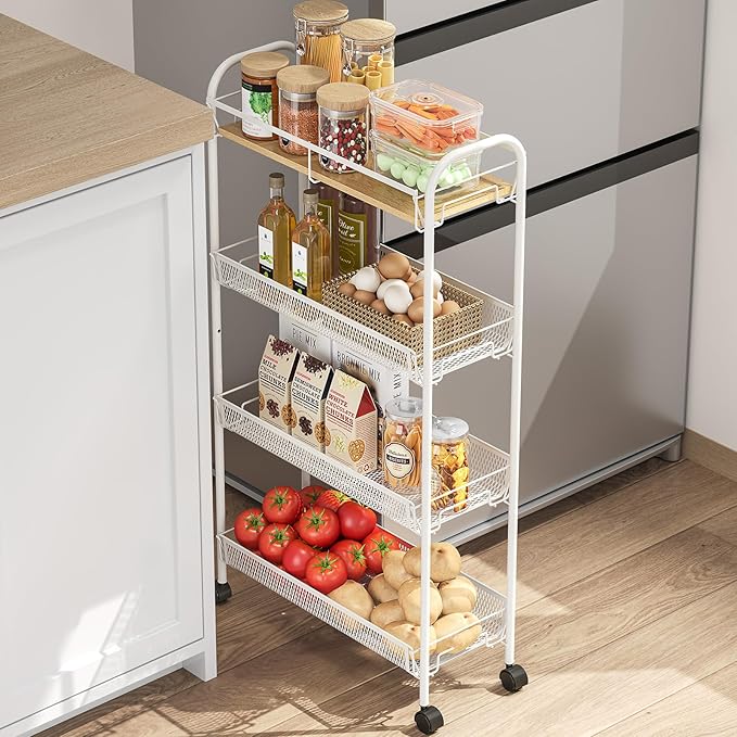 KINGRACK Metal Slim Rolling Cart,4-Tier Metal Utility Cart,Storage Cart with Wooden Tabletop, for Narrow Space on Laundry Bathroom Kitchen Room Bedroom Apartments Dormitory (Pure White, Slim)