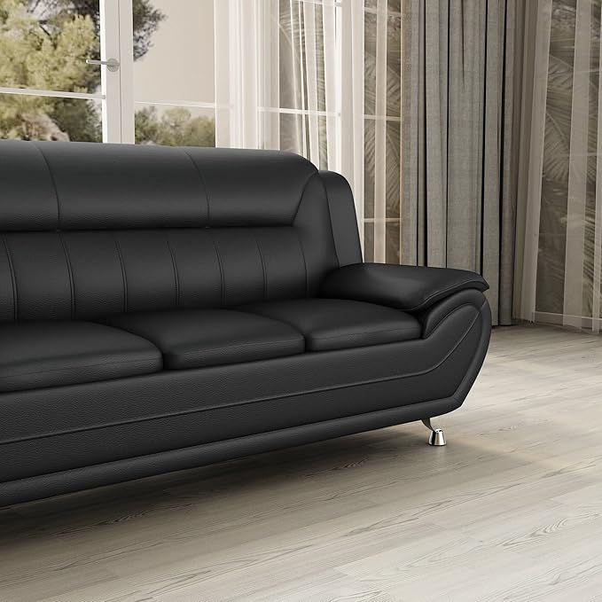 Container Furniture Direct Michael Modern Faux Leather Upholstered Stainless Steel Legs Living Room Sofa, Midnight Black