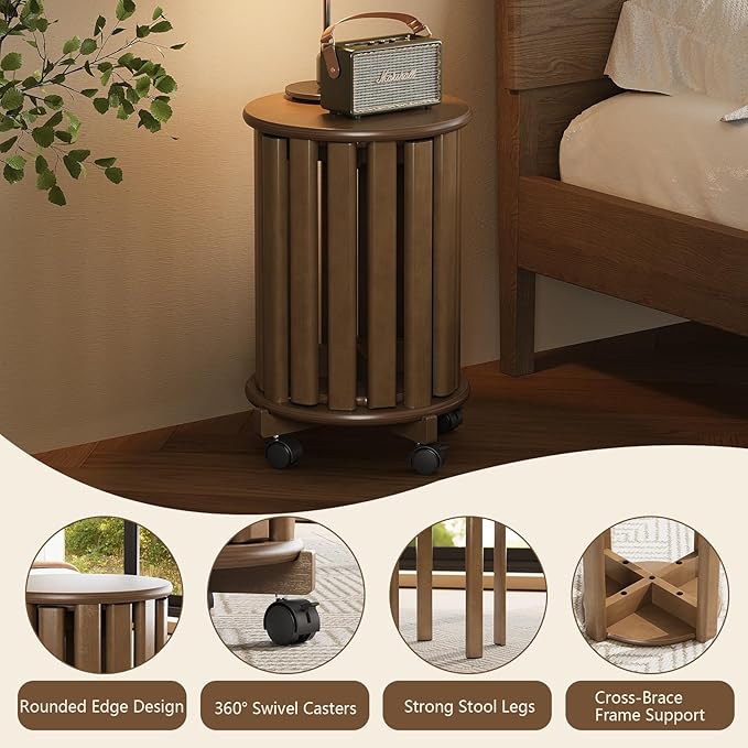 Stackable Stools Set of 4, 4‑in‑1 Bamboo Nesting Stools & End Tables with Wheels, 18″ Round Portable Barstools No‑Assembly Stool for Kitchen Living Room Bar Dorm, Walnut