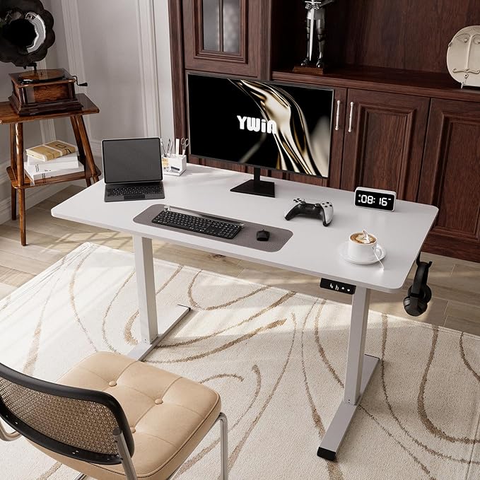 Ywin Electric Height Adjustable Standing Desk with Wheels, 63 x 24 inches Ergonomic Stand Up Desk for Home Office
