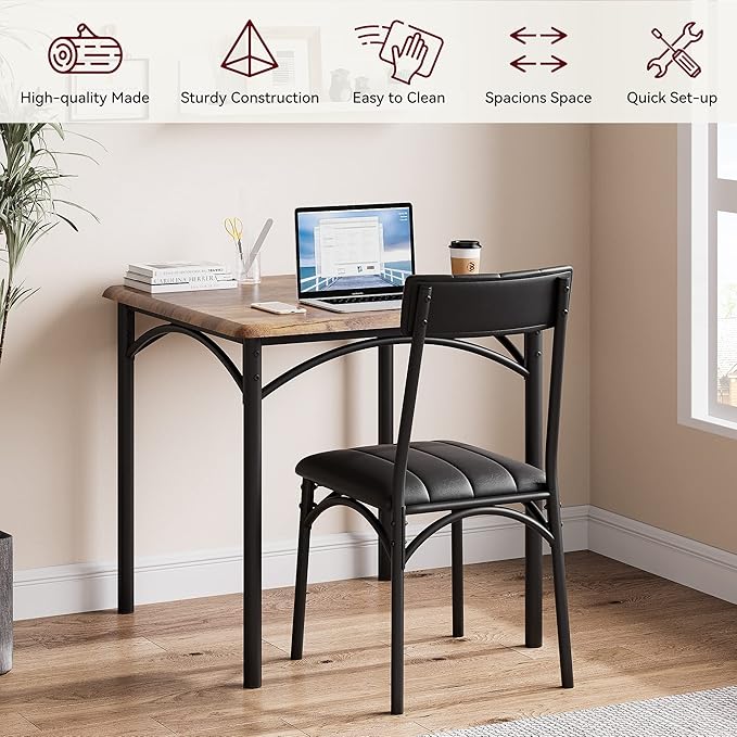GarveeHome Dining Table Set for 2, Kitchen Table with 2 Upholstered Chairs, Wood Square Dining Table and Chairs Set for Small Space, Apartment, Dinner, Rustic Brown