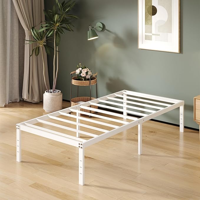 16 Inch White Twin Bed Frames No Box Spring Need, Metal Platform Bed Frame Twin Size Heavy Duty Mattress Foundation, Eassy Assembly 2,500 lbs Steel Slats Support