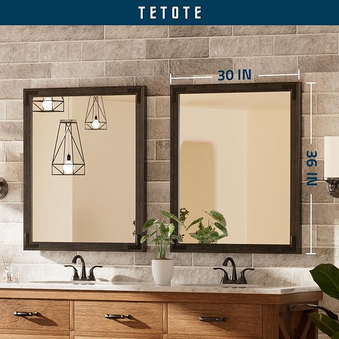 TETOTE 30 x 36 Black Wooden Mirror for Bathroom Wall/Bedroom/Living Room/Entryway Farmhouse Rustic Bathroom Vanity Mirror for Over Sink Waterproof (Horizontal/Vertical Mounted)