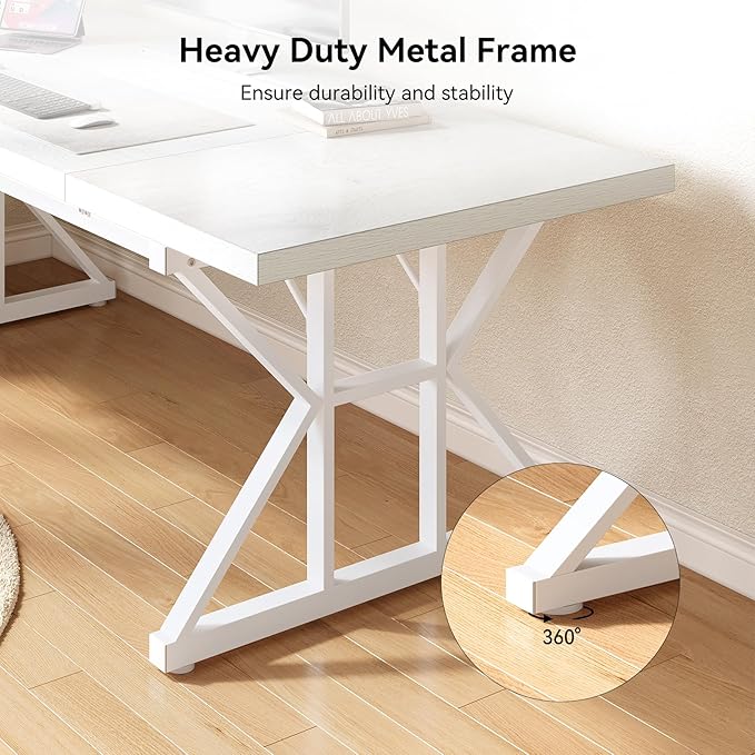 LITTLE TREE 70.8-Inch Large Executive Desk, Extra Long Computer Office Desk Workstation, Modern Simple Style Laptop Table, Sturdy Wooden Writing Workstation for Home White