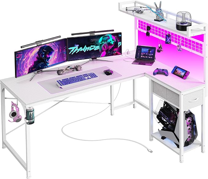 PRAISUN L Shaped Gaming Desk with Shelves, Corner Computer Table with LED Lights, Power Outlets and USB-C Ports, 50 Inch Reversible Home Office Desk with Storage Drawer, for Work and Study, White