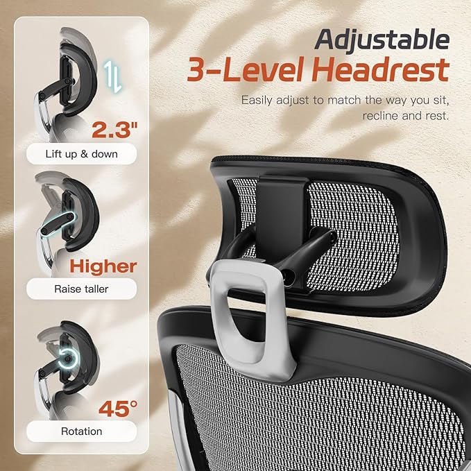 Ergonomic Office Chair, Mesh Desk Chair with Footrest, 3D Armrest - 215° Rotation, Adjustable Lumbar Support & Headrest, 90°-120° Tilt Lock, Big and Tall Computer Gaming Chairs, Black