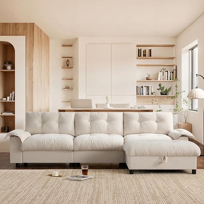 Mreax L-Shape Sectional Sofa with Movable Storage Ottoman and Multifunctional Armrest, 4 Seater Oversized Chenille Upholstered Cloud Couch for Living Room, Apartment, Unique Tufted Design, Beige