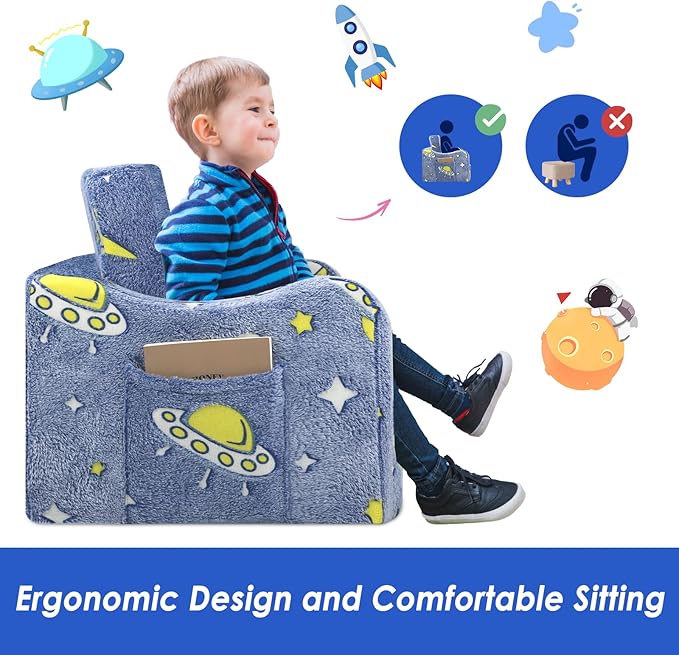 Kids Couch Extra Large,Glow in The Dark 2-in-1 Folding Kids Sofa Bed for Boys,2 Seats Convertible Sleeper Lounger Toddler Couch for Children Bedroom Playroom Nursery,Astronaut