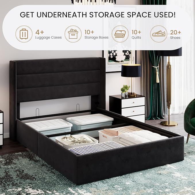 SHA CERLIN Queen Size Lift Up Storage Bed/Velvet Upholstered/Modern Wingback Headboard/Upholstered Platform Bed Frame/Hydraulic Storage/No Box Spring Needed/Black