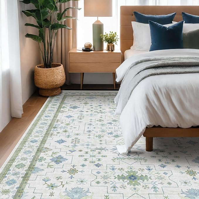 Blue and Green Living Room Rug 7x10 - Cream Oushak Vintage Boho Floral Farmhouse, Washable Low Pile Non-Slip Extra Large Area Rugs for Bedroom, Kids, Lounge