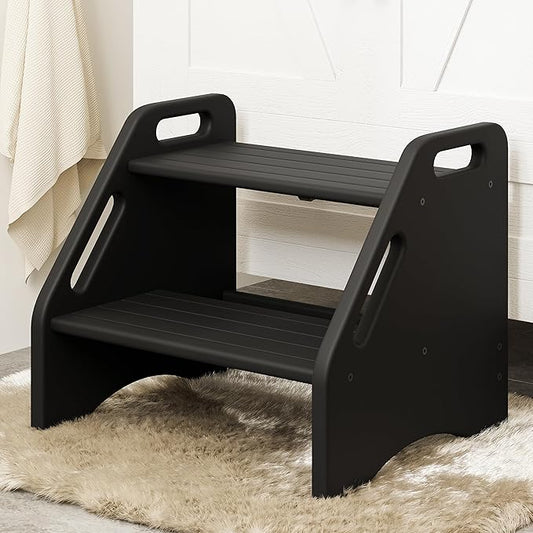 AMBIRD Wooden Step Stool, Two Step Stools 300 lbs Capacity with Safety Non-Slip Pads and Handles, Bamboo Step Stool for Bathroom, Kitchen Dual Height Step Stools for Adults (Black)