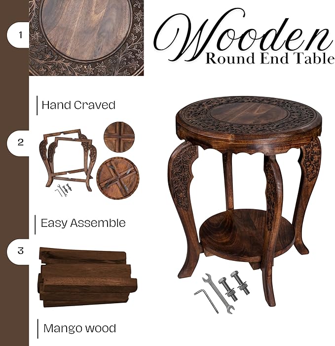 The Wooden Town Farmhouse Round Accent End Table,Rustic Side Table Nightstands for Living Room Bedroom,Coffee Tables,Wood Tray Top,Handcrafted Finish, 18"x22" - Burnt