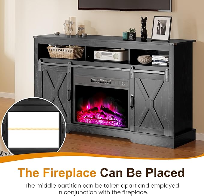 RoyalCraft Farmhouse Fireplace TV Stand for 65+ Inch TV, Entertainment Center with 23" Electric Fireplace with Remote, 34" Tall Modern Rustic TV Console with Sliding Bar Door for Living Room, Black