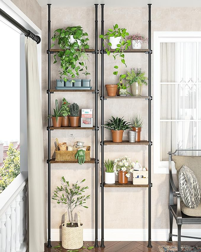 ALLZONE Adjustable Tall Narrow Bookshelf for Bedroom, 4-Tier Ladder Bookcase for Small Spaces, Tension Mount Tall Skinny Book Shelf with Open Storage, 64 to 113Inch Height