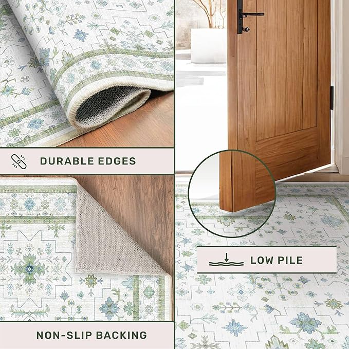 Oushak 3x16 Wide Hallway Runner Rug - Vintage Turkish Floral, Washable Low Pile Non Slip 16ft Extra Long Runners for Large Kitchen, Hall Way - Light Blue and Green Décor