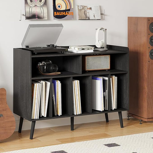 ChooChoo Record Player Stand, Turntable Stand with Vinyl Storage, Record Player Cabinet Up to 350 Albums, Cube Storage Organizer for Living Room, Black