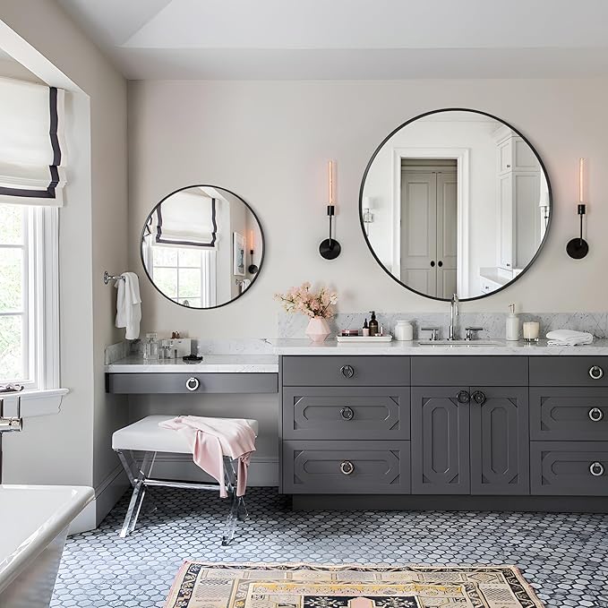 Black 39-Inch Round Mirror - Wall Mounted Aluminum Alloy Metal Frame for Bathroom, Entryway, Living Room, Large Over Sink