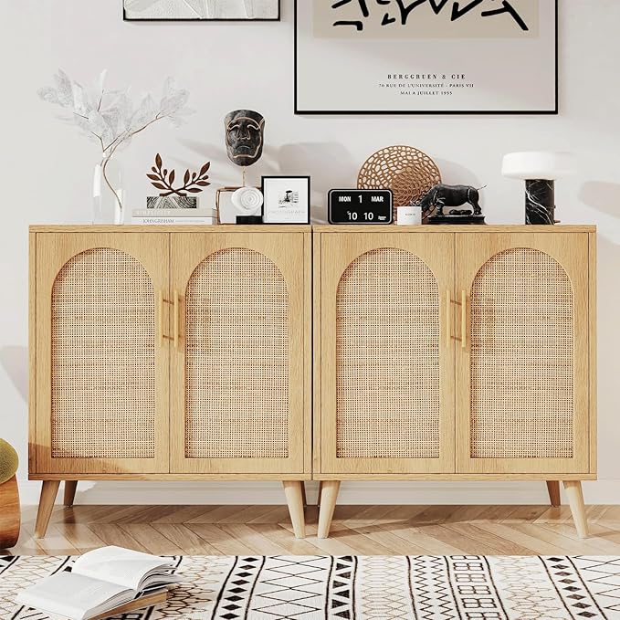 Rovaurx Set of 2 Rattan Storage Cabinet with Doors, Accent Bathroom Floor Cabinet, Modern Sideboard Buffet for Living Room, Entryway, Dining Room and Kitchen, Natural BMGZ108M02
