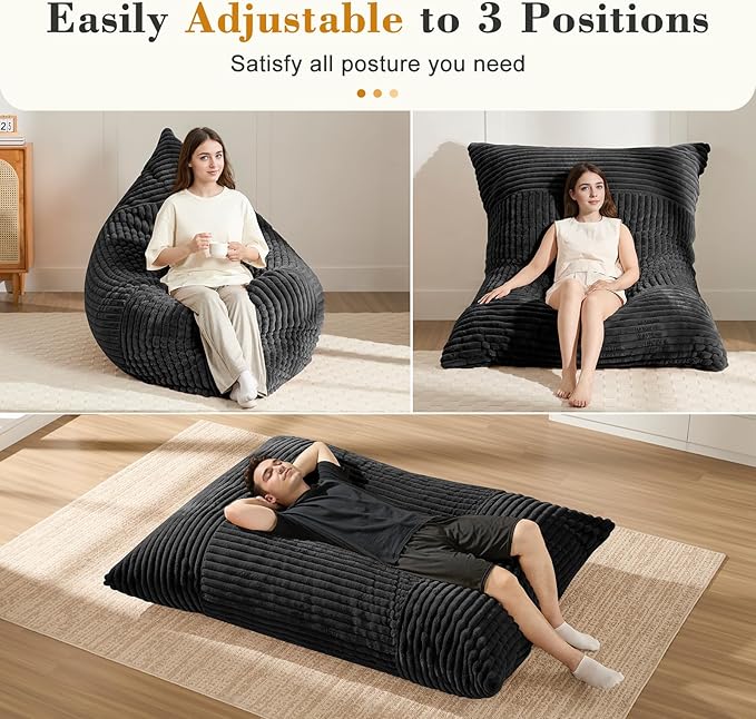 3-in-1 Giant Bean Bag Chair for Adults & Kid, Convertible Floor Sofa to Mattress, High-Density Foam Chair Bed with Washable Cover, Multi Functional Lounge Couch for Bedroom, Living Room (Black)