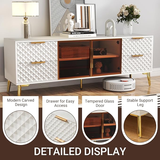 Rovibek 59" Modern TV Stand, Entertainment Center TV Console with Storage Drawers and Open Shelves, Media Console for Living Rooms and Bedrooms