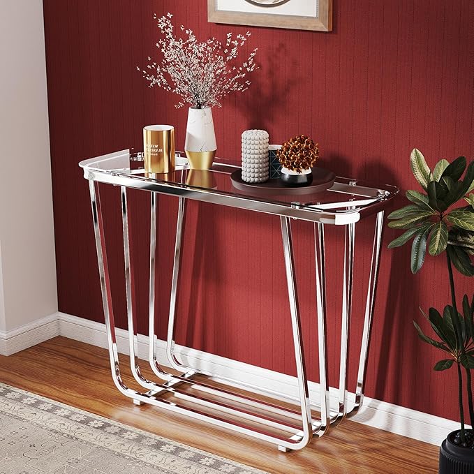 OIOG Glass Console Table for Entryway, Modern Entrance Table with Tempered Glass & Chrome Frame, Silver Sofa Table for Living Room Hallway