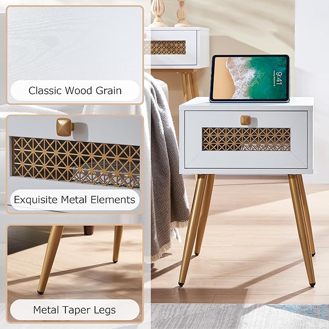 Modern Style Side Table, End Table with Drawer for Living Room, Square Wooden Small Nightstand, White