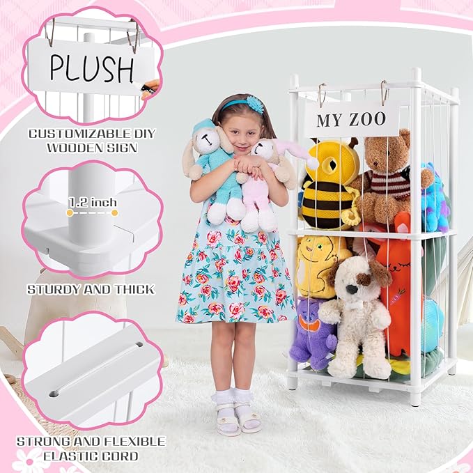 Stuffed Animal Storage Zoo, Wooden Stuffed Animal Organizer with Elastic Cords for Boys Girls, Space Saving Toy Plushies Storage Holder for Playroom, Bedroom, Living Room (White, Small)