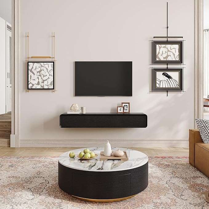 POVISON Fully Assembled Floating TV Stand, 63 inch Modern TV Stand with 3 Flip-Down Cabinet Doors, Black TV Stand, Solid Wood Floating Entertainment Center, Minimalist TV Console