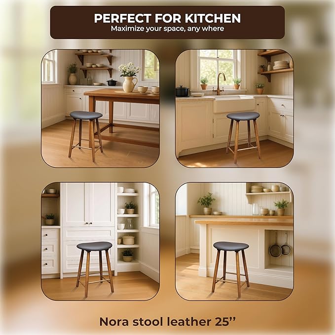 Nora 25" Upholstered Counter Stool, Solid Rubber Wood Frame, Faux Leather Cushion Seat, Comfortable Backless Bar Stool for Kitchen Island & Home Bar Seating