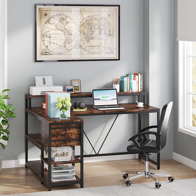 Tribesigns Reversible L Shaped Desk with Drawer, Brown Corner Desk with Storage Shelves and Monitor Stand, Writing Table for for Small Space (Rustic)