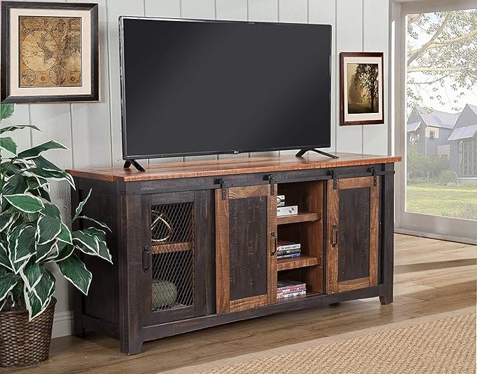 Martin Svensson Home Santa Fe Solid Wood TV Stand, 65", Antique Black and Aged Distressed Pine