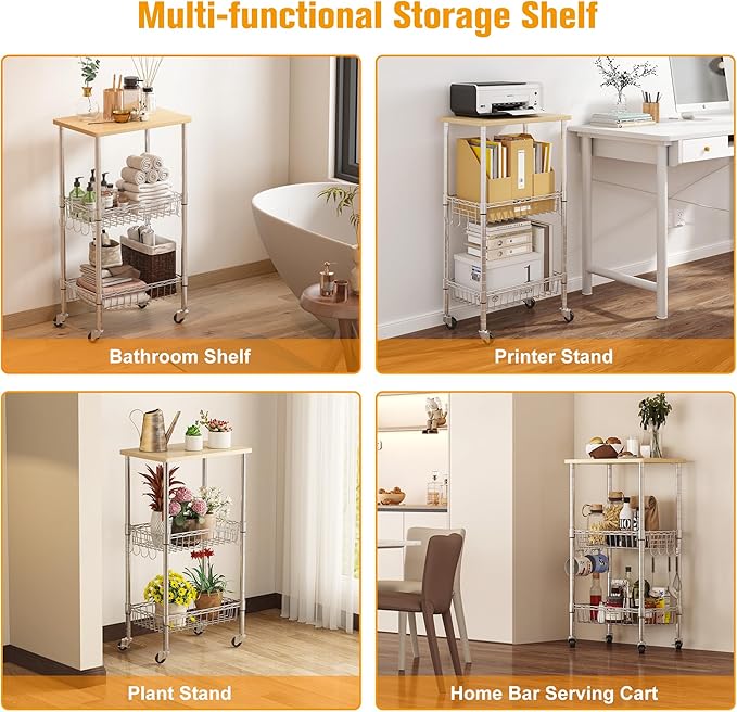 Rolling Kitchen Storage Cart, 3-Tier Storage Rack on Caster Wheels with Adjustable 2 Baskets, Coffee Station Cart Rack Shelf Organizer for Living Room Office, Balcony, Chrome/Silver