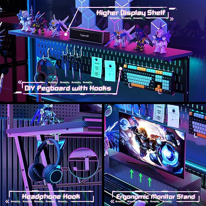 Gaming Computer Desk with Shelves and Outlets, Gaming Desk with Hutch and LED Lights, Reversible PC Gaming Desks with Pegboard, Carbon Fiber Black 47''